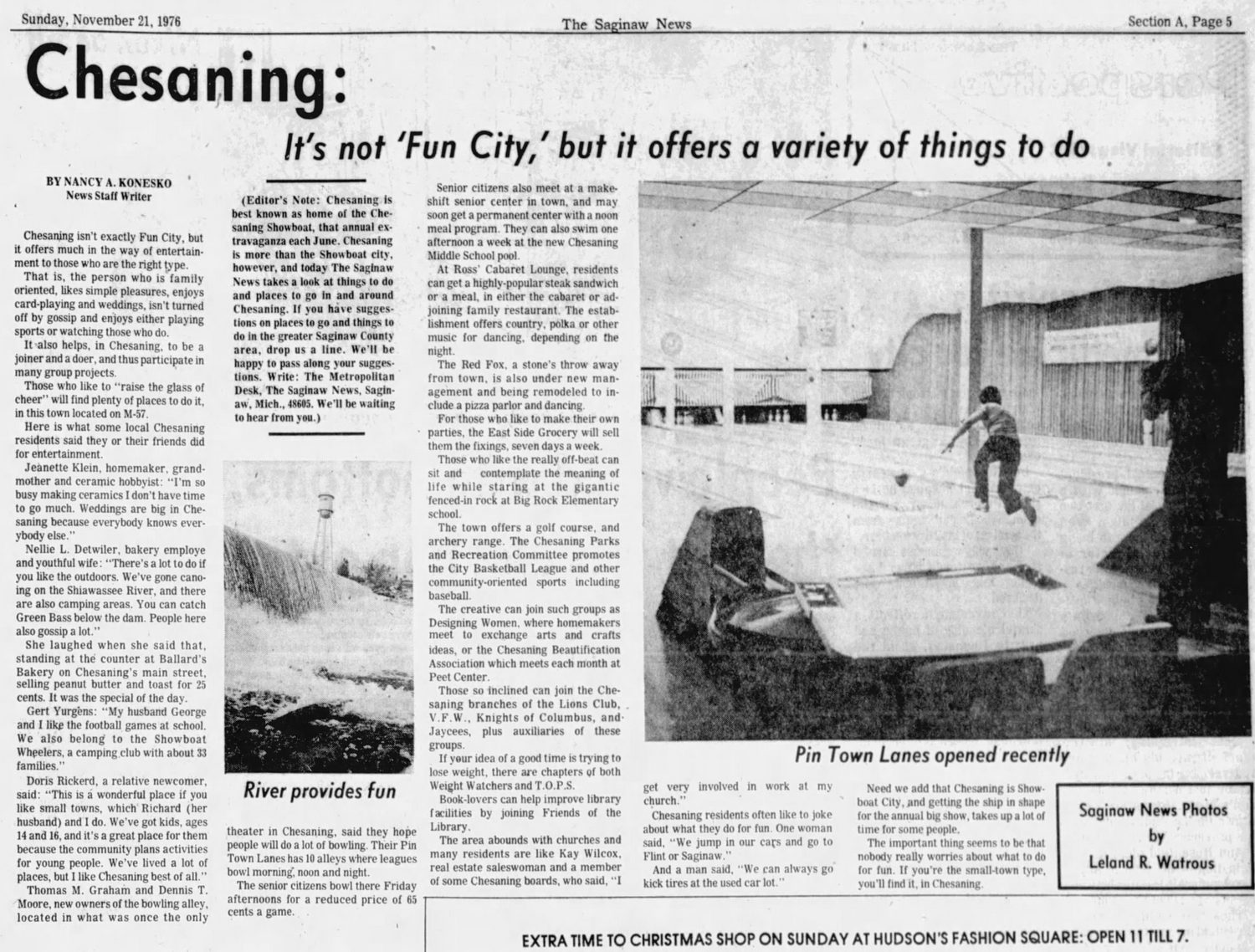 november 1976 article on pin town lanes Town Theatre, Chesaning